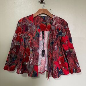NEW Elana Kattan Bolero Jacket L Textured Red Floral 3/4 Sleeves